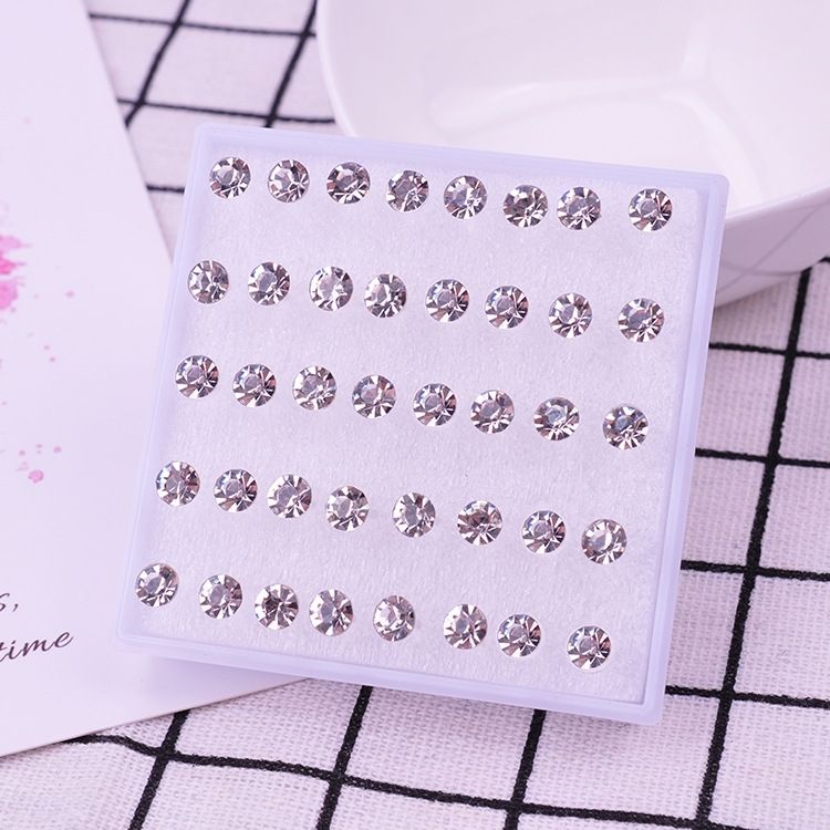 flash shiny diamond ear studs 40 stud earrings for women plastic needle new ear bone stud a set of plastic anti-allergy stud earrings