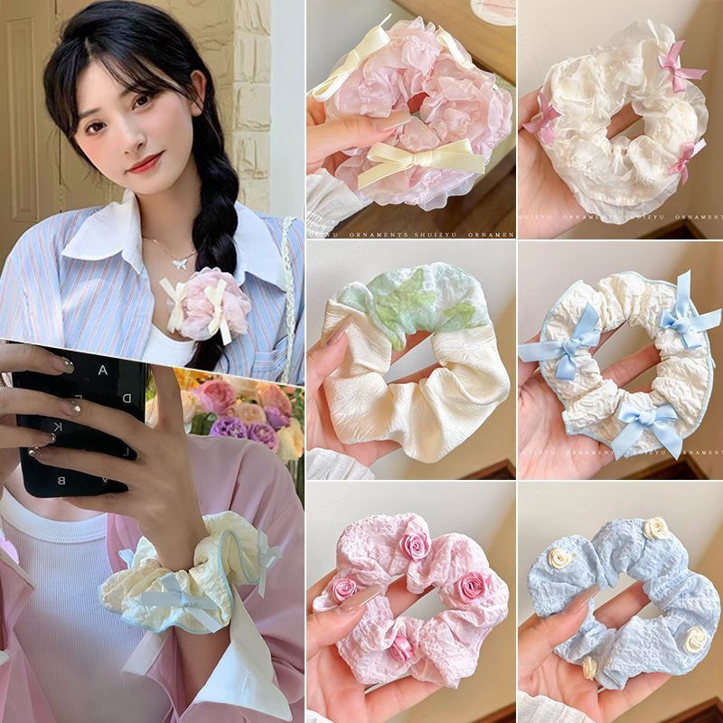 cream sweetheart ballet ribbon bow large intestine hair ring super mori spring and summer fairy senior hair band for girls