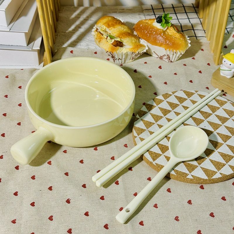 girl heart milk fufu instant noodle bowl ins wind belt handle bowl ceramic set high temperature resistant underglaze color matching spoon chopsticks