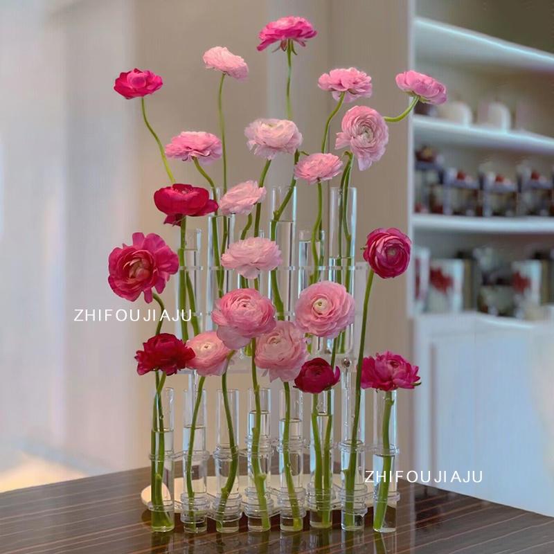 test tube vase ins style good-looking decoration folding glass grid red flower arrangement water plant transparent decoration french style