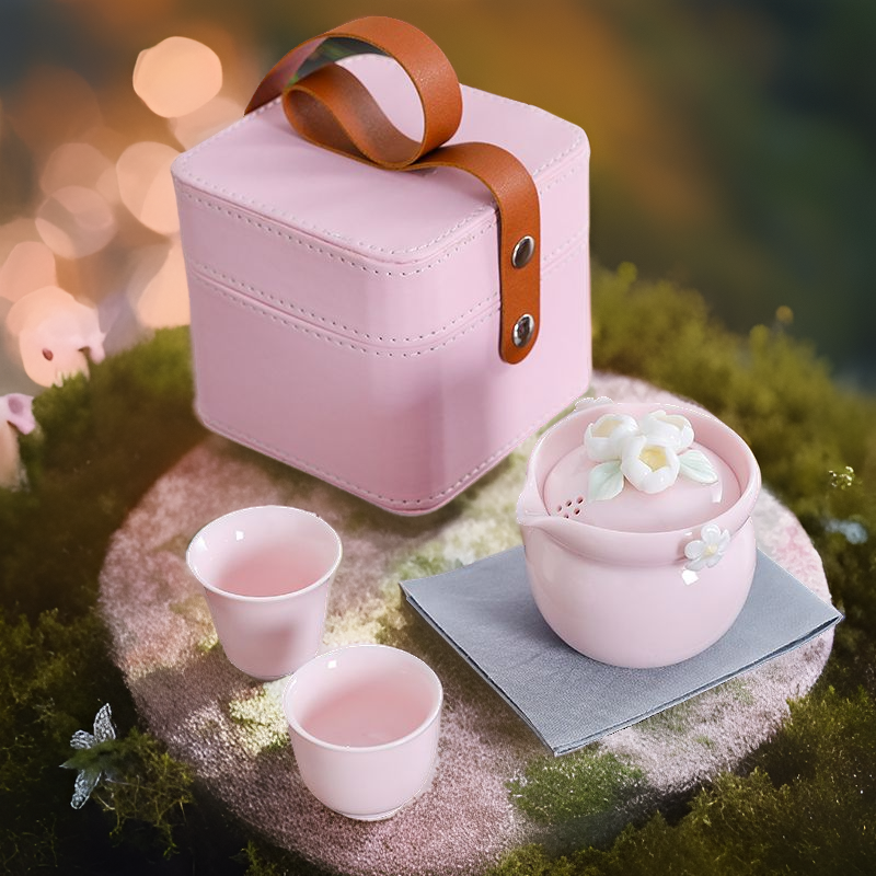 pink pinch flower travel tea set suit portable outdoor camping tea cup women quick cup one pot two cups