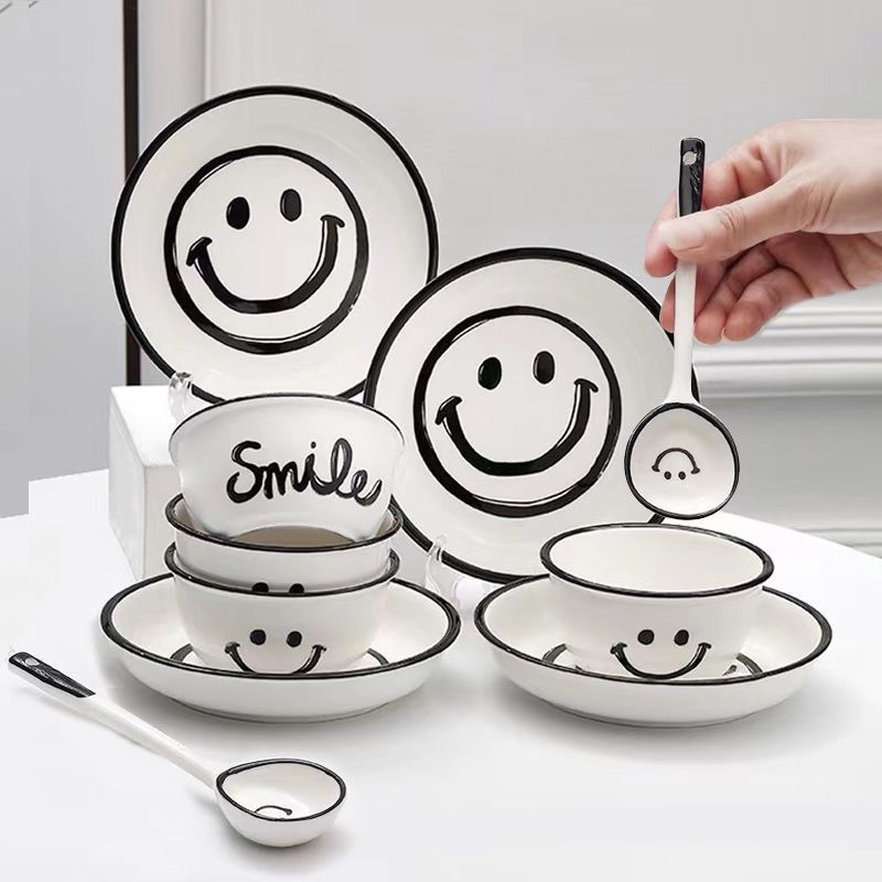 ceramic dishware set combination good-looking rice bowl ins household cute plate simple tableware smiley face bowl dish