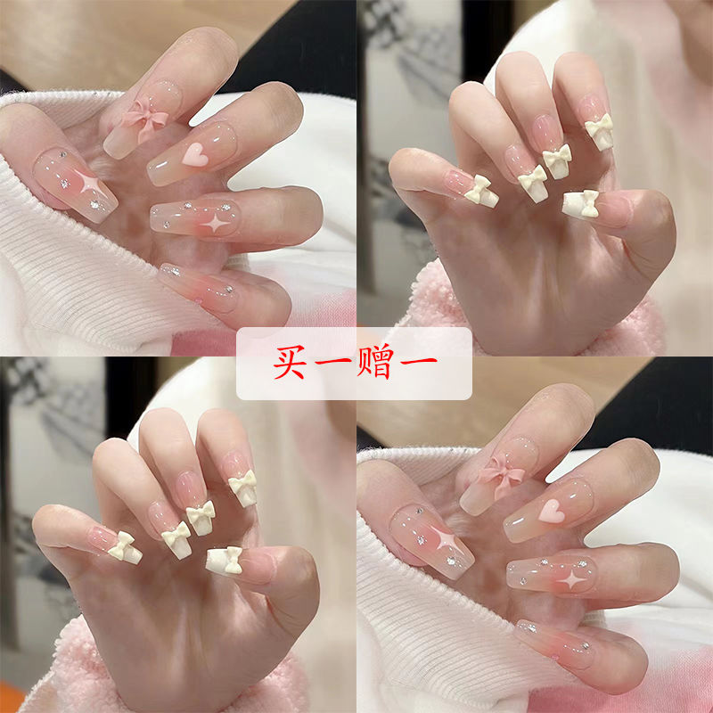 buy one get one free custard bowknot nail wear nail wear nail stickers pieces hand nail sticker mid-length student