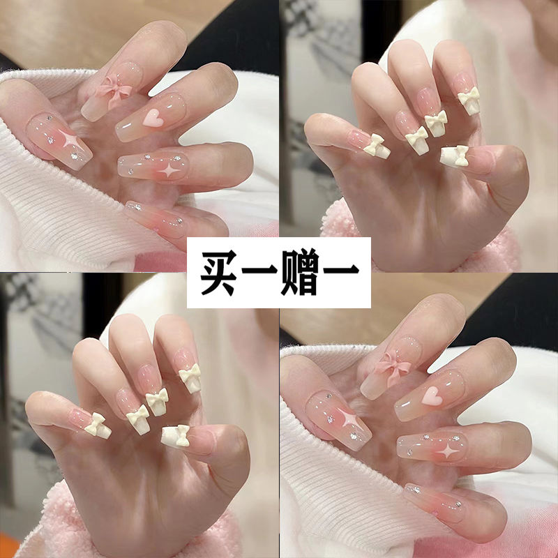 buy one get one free custard bowknot nail wear nail wear nail stickers pieces hand nail sticker mid-length student