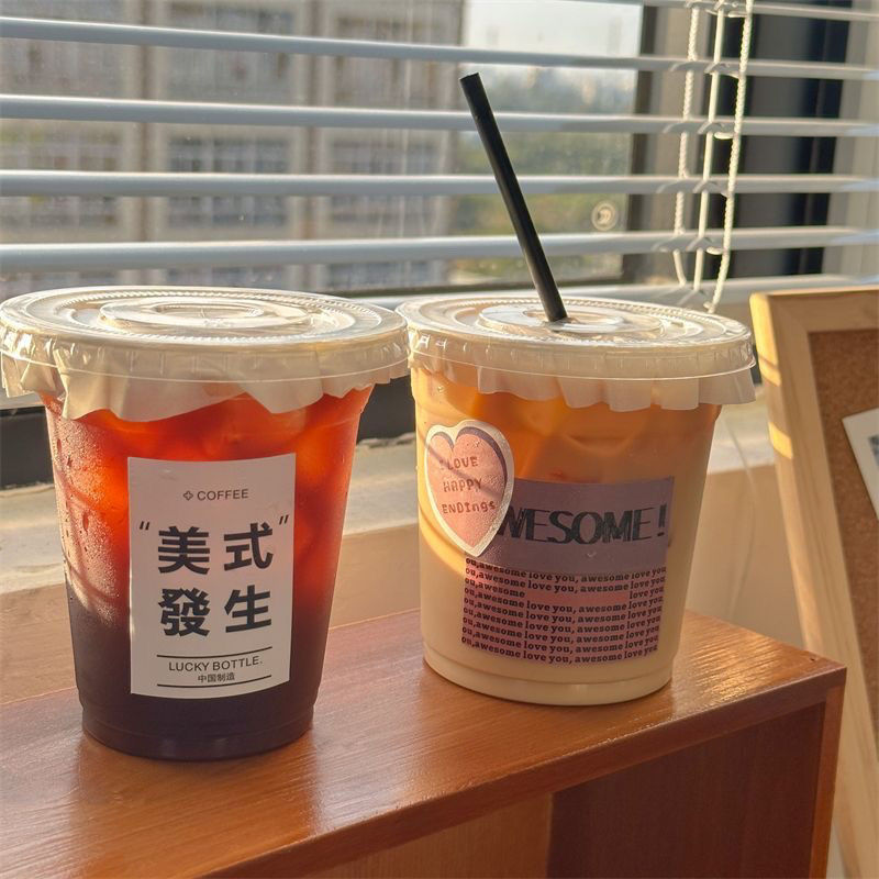 ins wind net red milk tea cup disposable with lid cold drink takeaway cup plastic coffee cup pet transparent beverage cup