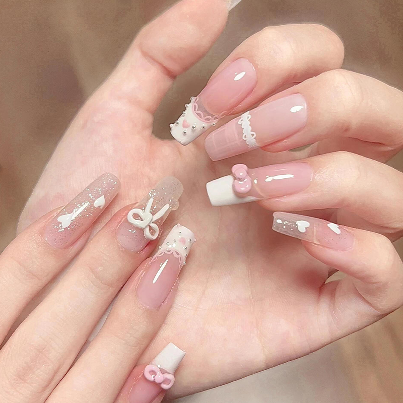 wear nail manicure handmade nail french finished cute patch love white bow girl detachable