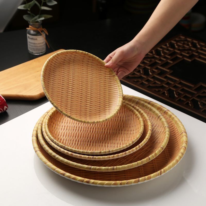 melamine rattan-like woven dim sum plate hot pot restaurant dustpan bamboo woven tableware plate rectangular imitation porcelain plastic plate