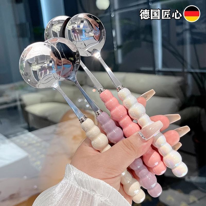 four-color pearl stainless steel spoon ceramic handle household western food spoon good-looking girl heart round spoon spoon spoon