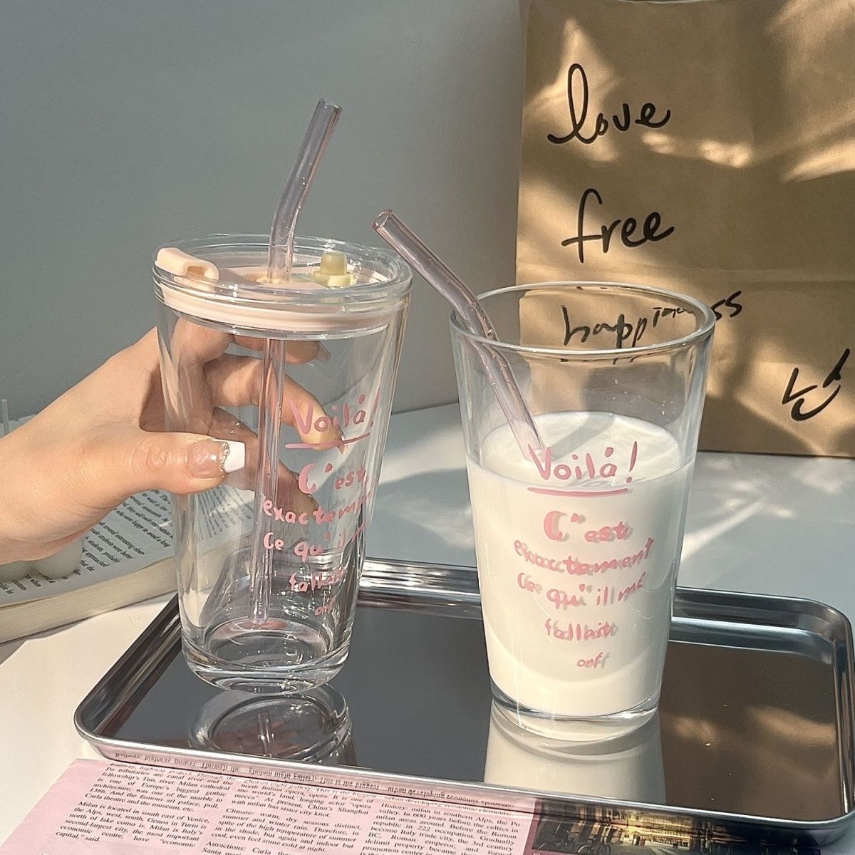 ins style letter printed water cup pink straw glass cup good-looking coffee cup large capacity cup new with lid