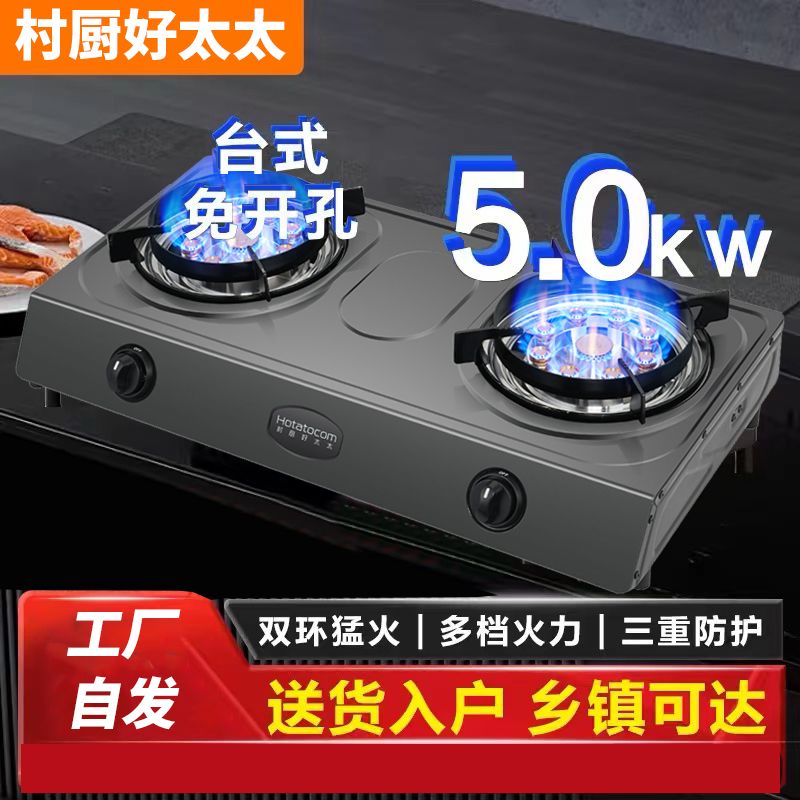 village kitchen hotata household gas stove double burner stainless steel gas stove natural gas stove liquefied gas fierce fire stove desktop