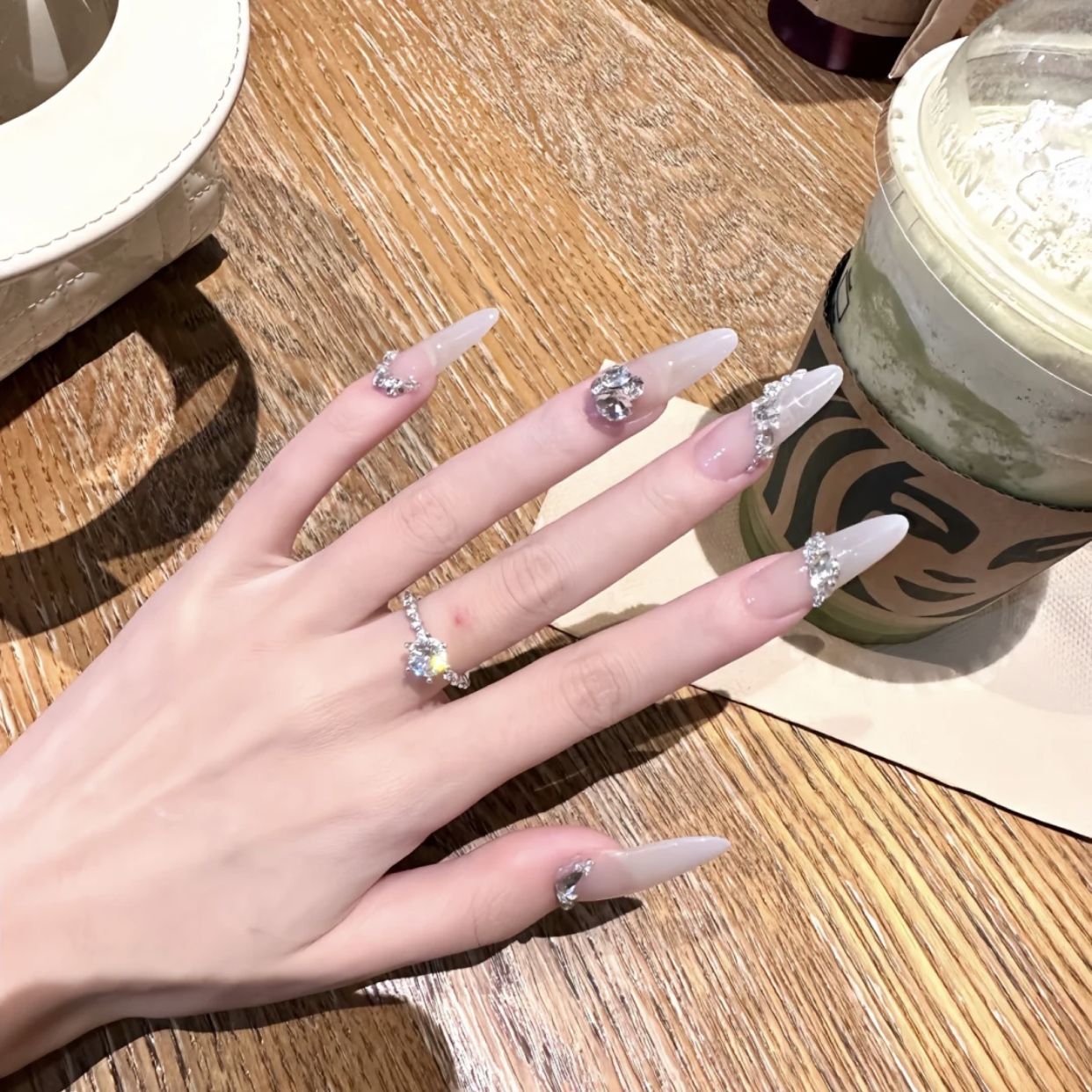 handmade manicure nude color ice transparent milky white gradient stick-on crystals flash wear nail high-grade long almond oval