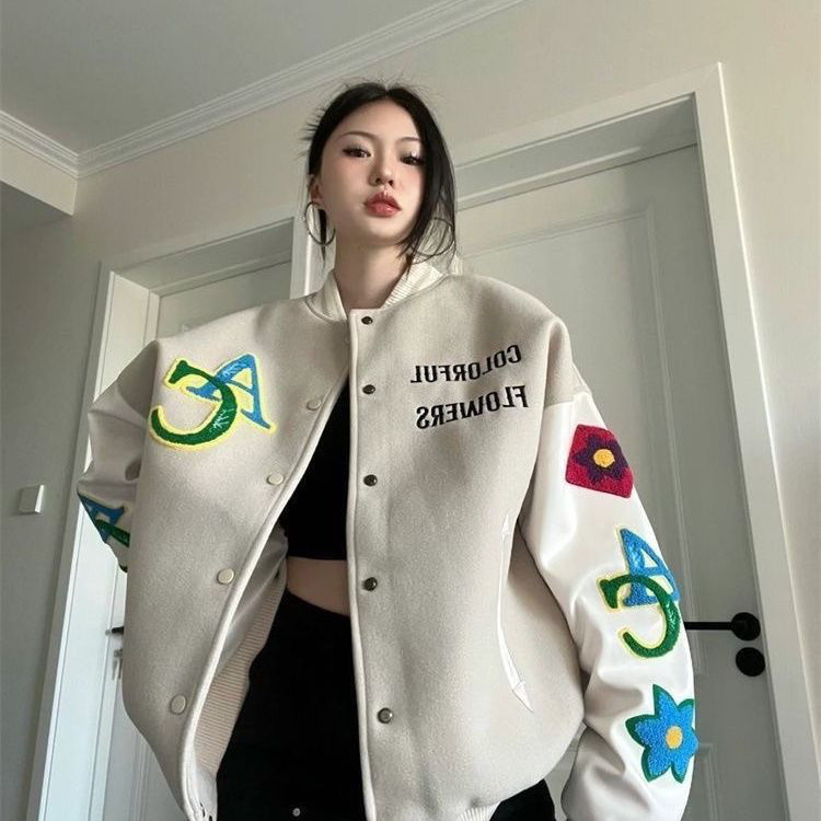 retro patchwork embroidered letter baseball uniform spring and autumn new american style loose korean style students‘ all-matching coat women‘s fashion