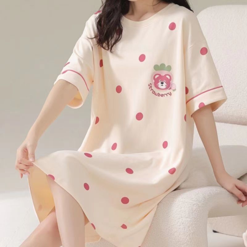 2024 new girls‘ nightdress summer cute cartoon short-sleeved girl round neck fresh simple mid-length pajamas