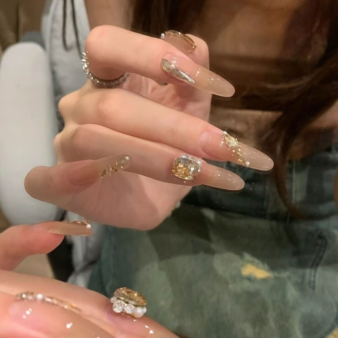 handmade escape gold graceful nude color manicure iced tea transparent color long prolate ellipse stick-on crystals flash high-grade light luxury