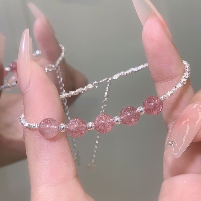 s925 sterling silver small pieces of silver strawberry quartz bracelet ins style design high-end small high-looking gentle girlfriends bracelet