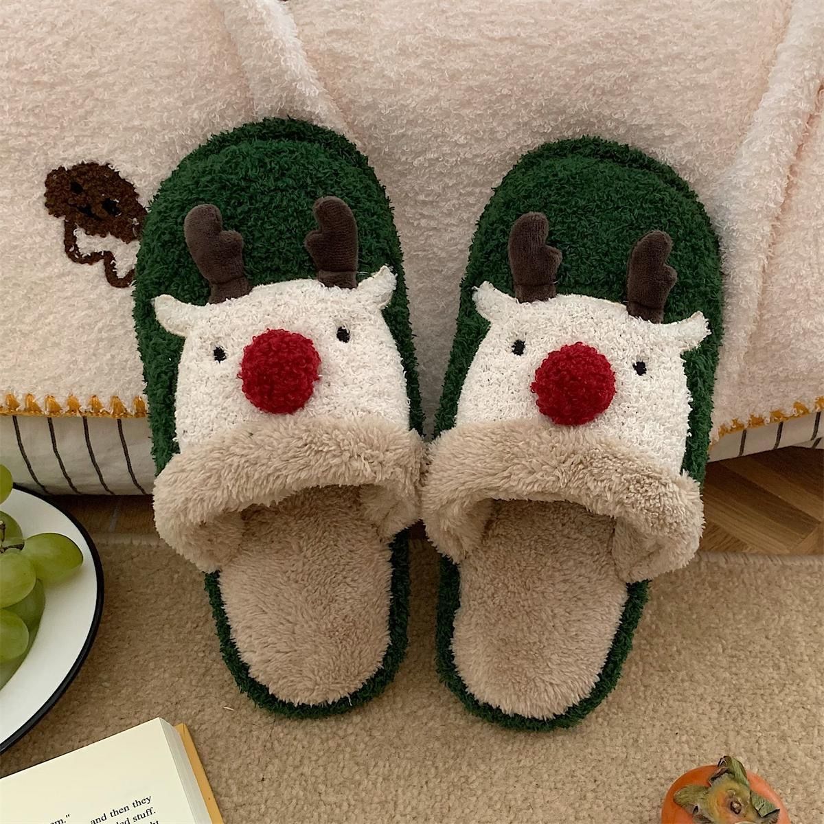 ins fashion home non-slip warm plush shoes women‘s winter love road plus velvet cute christmas elk cotton slippers men