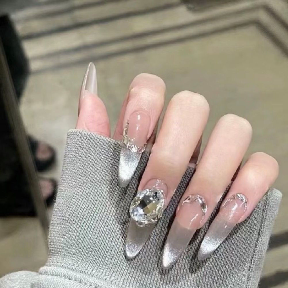 ice transparent moonlight handmade wear nail finished product big diamond large diamond long smile french flash cat‘s eyes pure want to show white