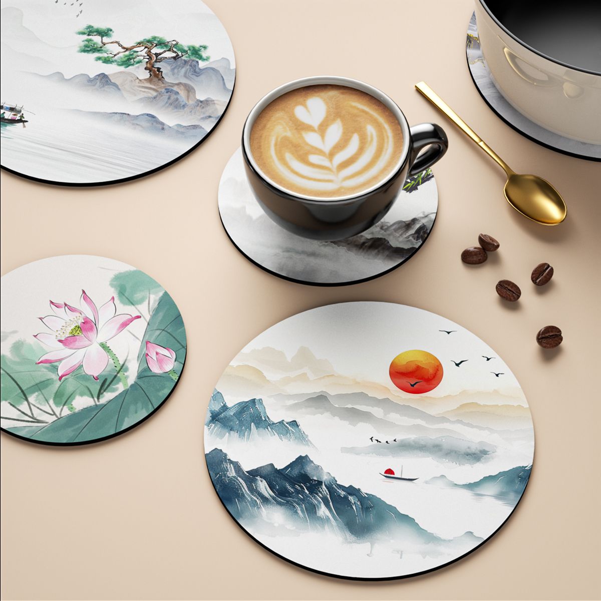 landscape painting placemat chinese coaster rubber absorbent non-slip insulation mat dish mat anti-scald table mat