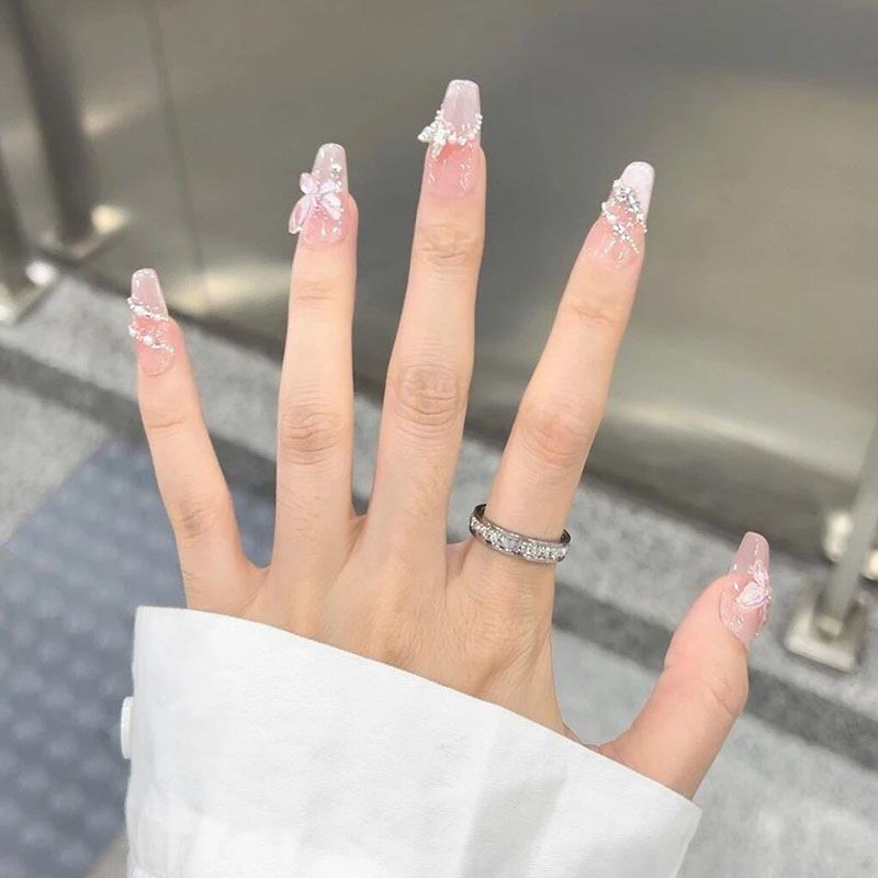 mid-length ladder handmade wear nail ice transparent blush  eye nail beauty pure desire butterfly high-grade sense white hand slimming