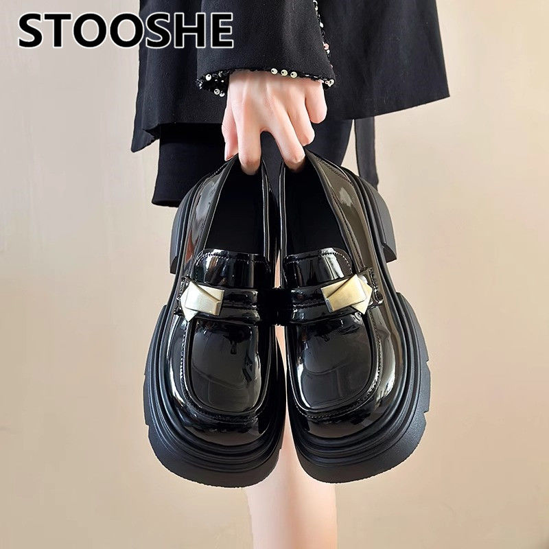 stooshe british black 2024 vintage leather shoes new classic style popular platform shoes loafers