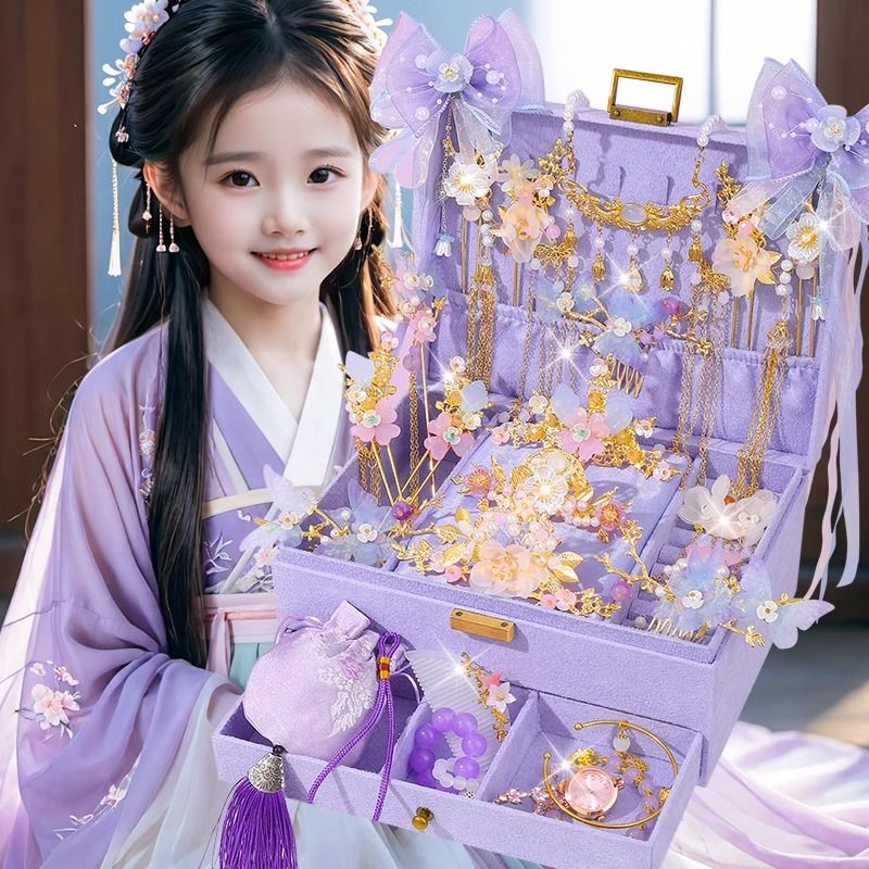 high-end children‘s antique hair accessories suit gift box girls‘ han chinese costume headdress girl‘s birthday gift chinese style jewelry box