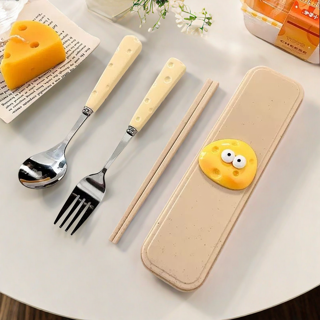 cute ins cheese spoon fork three-piece set including chopsticks student tableware children portable storage box suit family