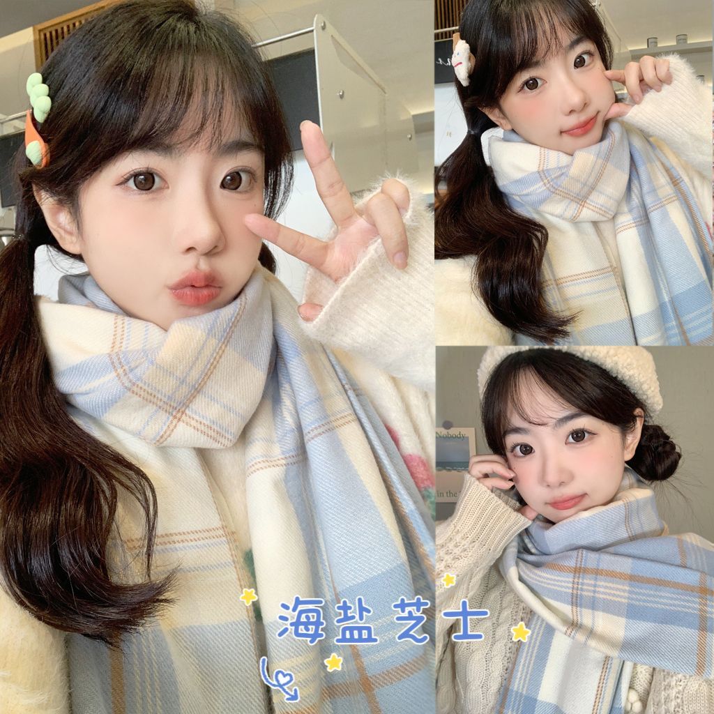 korean style soft glutinous cashmere-like plaid scarf women‘s winter colorblock all-matching warm male student japanese style scarf