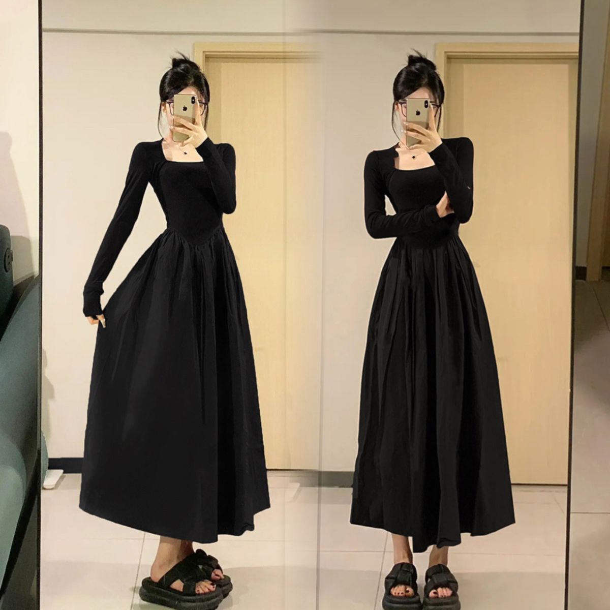 hepburn wind black waist-tight temperament long sleeve dress women‘s 2023 autumn and winter new french slimming midi dress