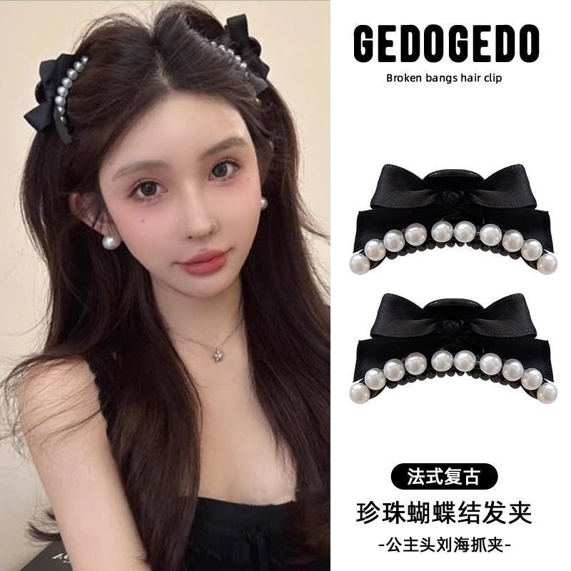 mori style pearl bow barrettes women‘s elegant forehead ins style small jaw clip side fringe clip headdress hairpin