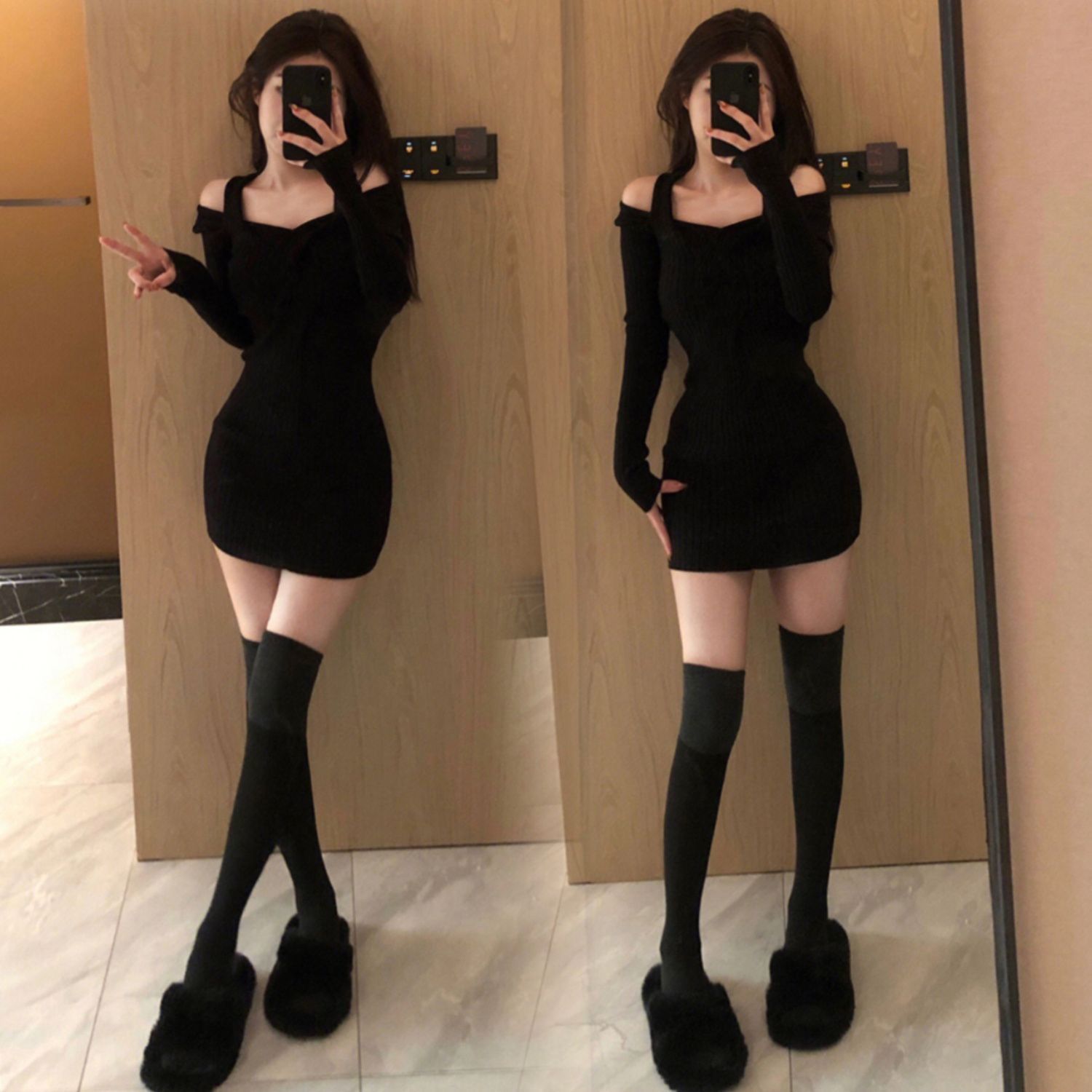 pure desire wind black long sleeve dress off-shoulder halter bottoming waist-tight sexy slimming scheming machine hip skirt internet celebrity