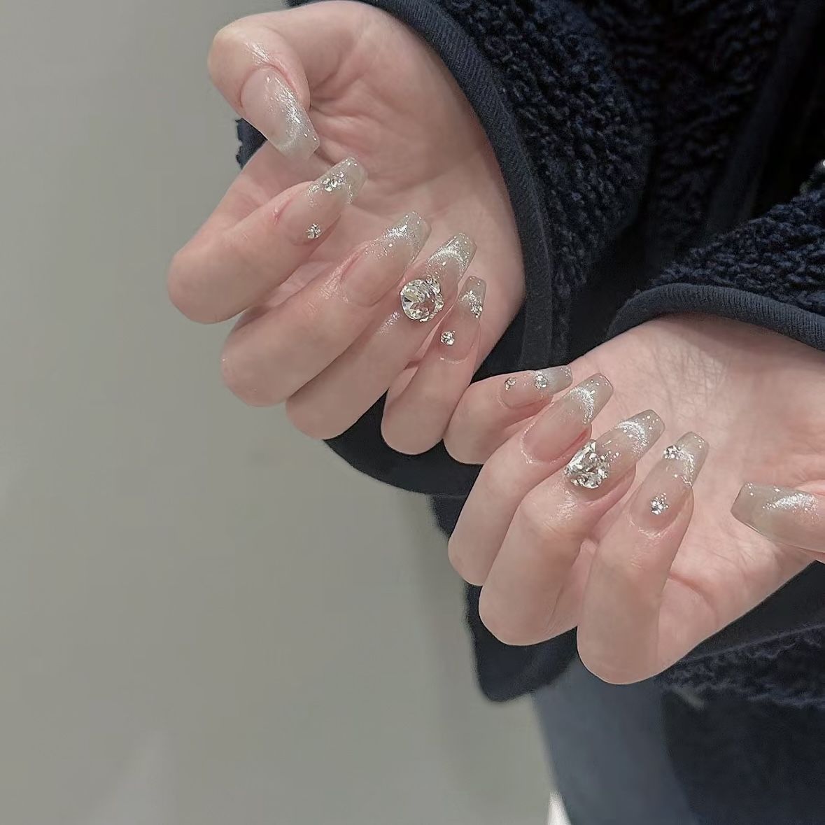 handmade manicure wear nail nail stickers french nude color crystal cat‘s eye shining diamond white nail stickers