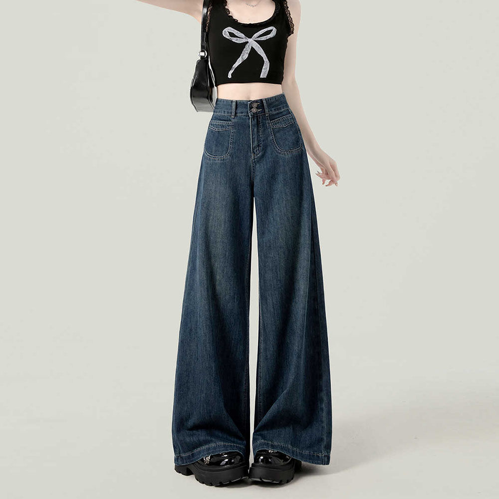 dark blue high waist retro wide leg jeans 2024 autumn new slimming loose drooping mop straight pants