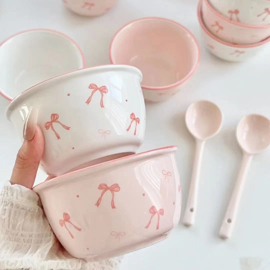 [four-piece set] bowknot girl heart ceramic bowl spoon underglaze color good-looking tableware rice bowl dessert bowl