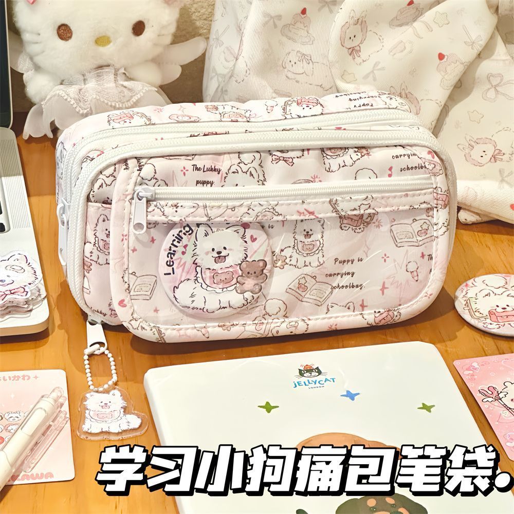 pencil case ins xiaohongshu original pink samoyed puppy transparent visual window pencil case student girl heartache bag