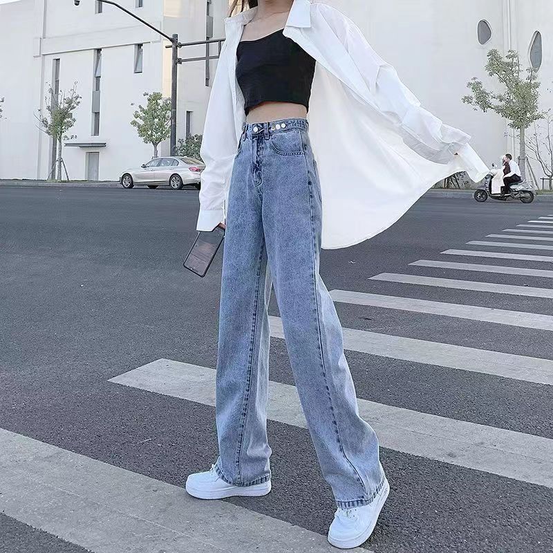 2024 high waist wide leg jeans for women spring and summer new light blue straight loose slimming drape mop pants