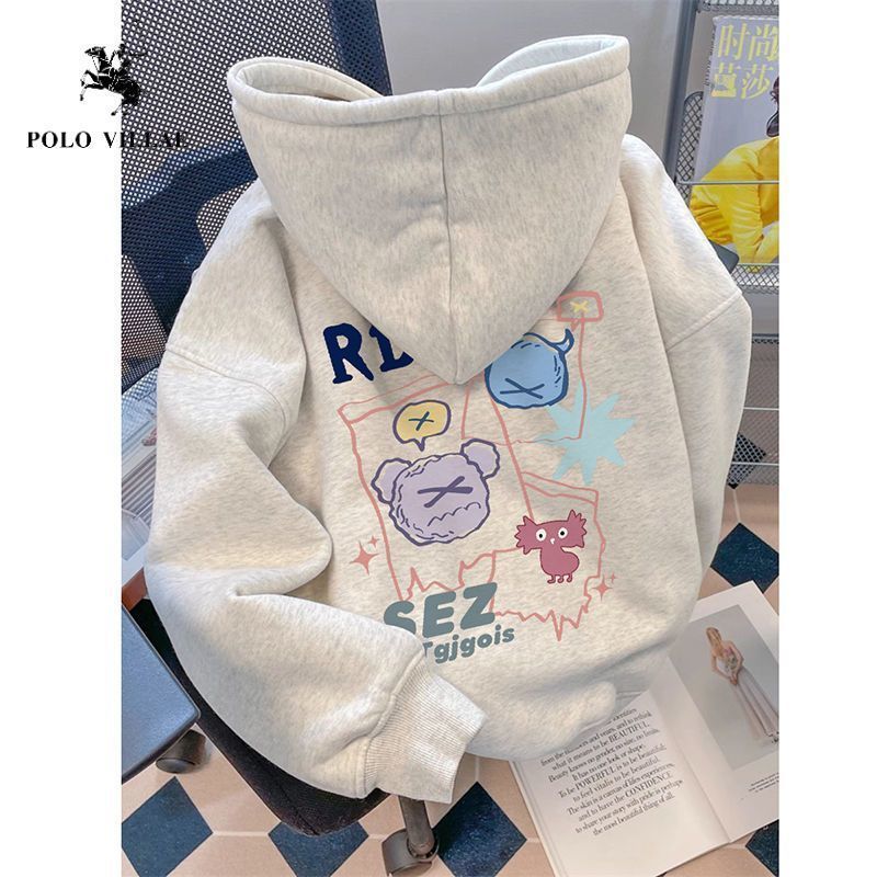 100% anti-pilling american high street hooded sweater women‘s autumn and winter college cartoon painting style student loose top tide