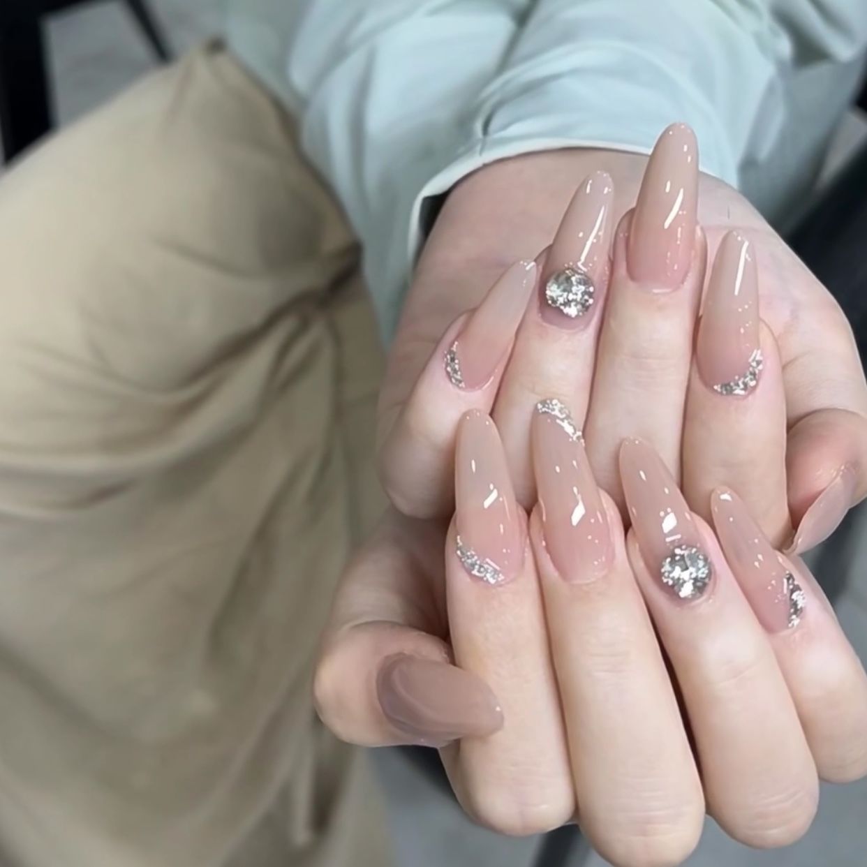 handmade ice transparent nude nail wear nail prolate ellipse nail stick brick mannose temple advanced simple white nail