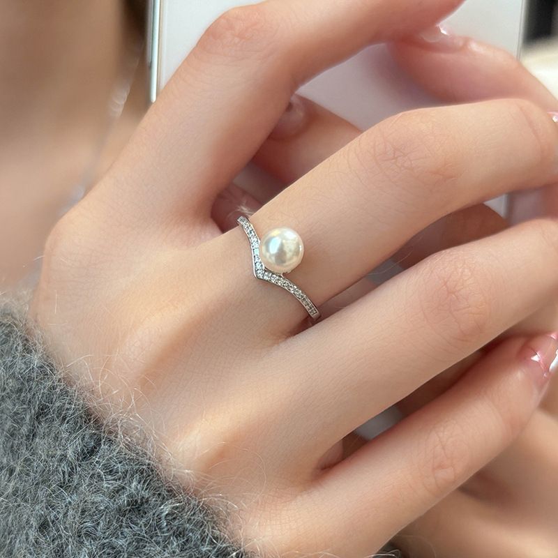 s925 silver french pearl ring female light luxury minority design simple all-match adjustable ring gifts for girlfriend