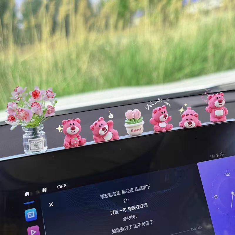 car decoration cute strawberry bear center console screen decompression little doll car accessories 2024 new internet-famous decoration