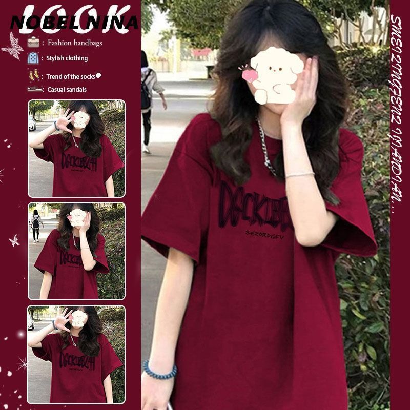 100 no pilling wine red short-sleeved t-shirt for women summer new loose design niche american retro top ins