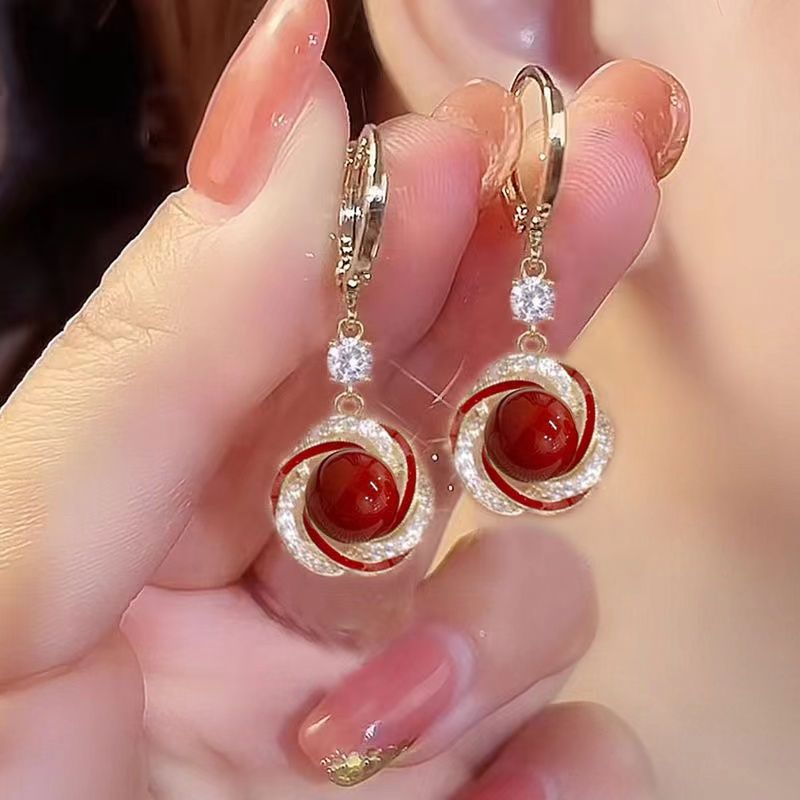 new year celebration pearl earrings red new year earrings ear clip 2024 new online influencer fashion elegant high-end earrings