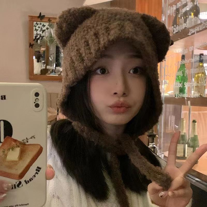 bear winter cute autumn and winter hat show face small big head warm plush ear protection all-match knitted woolen cap ears