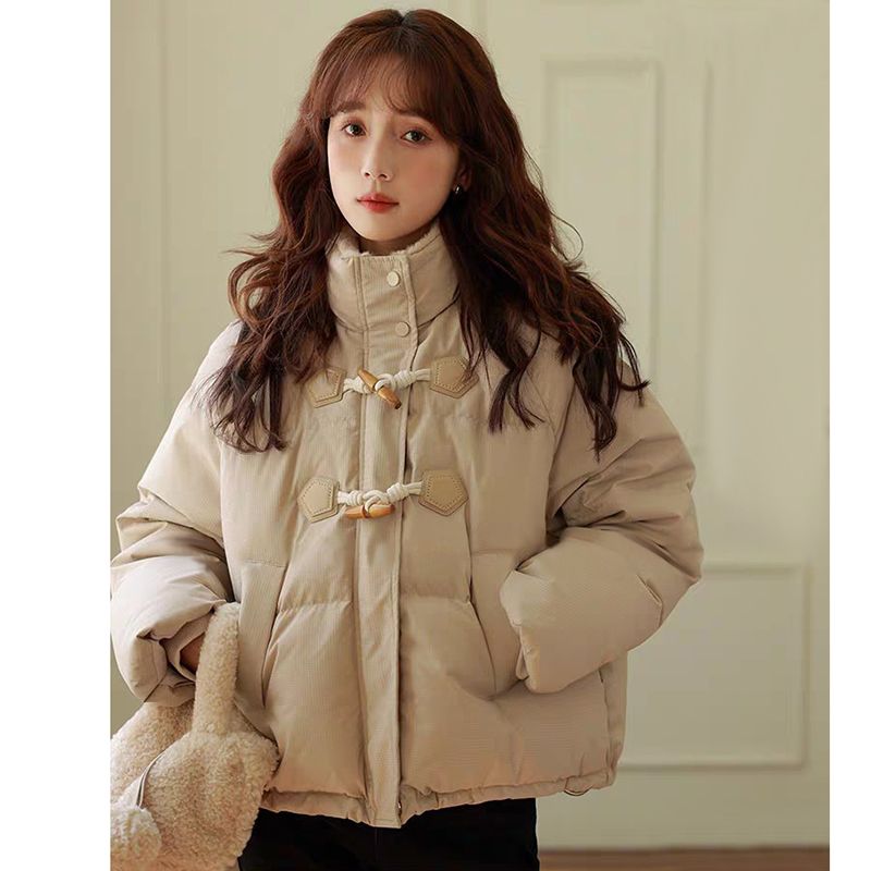 horn button bread coat for women 2024 new winter small loose cotton coat korean style short wadded jacket thick coat