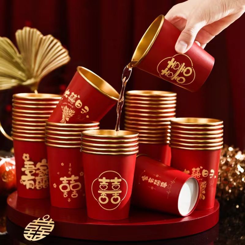 wedding paper cup gold foil thickened wedding festival red cup wedding banquet paper cup household disposable cup paper container for wedding