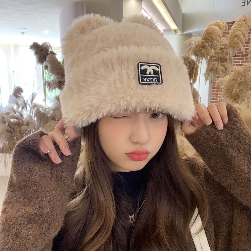 all-match and sweet cute bear plush knitted hat thickened autumn and winter earflaps warm cold-proof small woolen cap