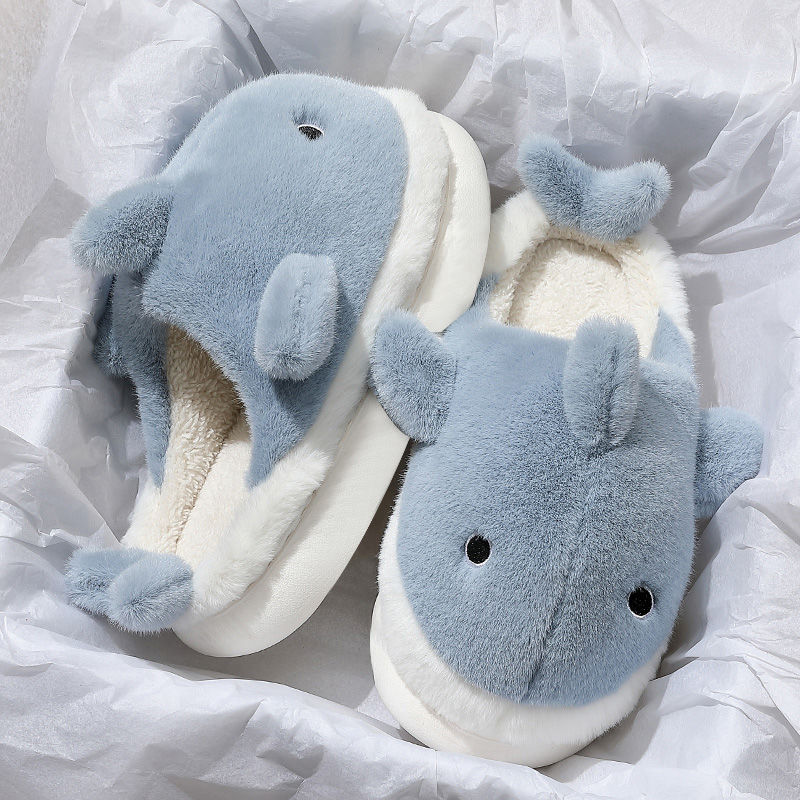 2024 new shark cotton slippers women‘s autumn and winter cute home warm non-slip platform couple velvet slippers