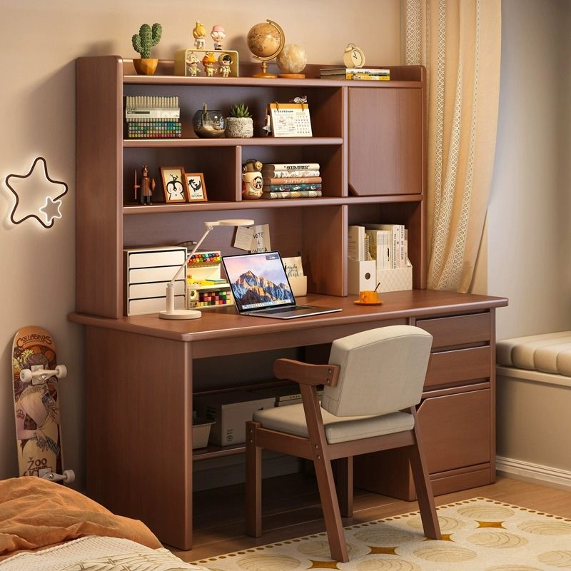 solid wood desk bookshelf integrated student household study writing desk bedroom desk bookcase drawer adult computer desk