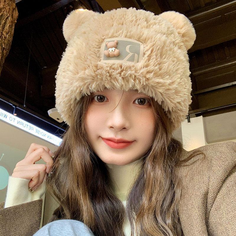 japanese style new bear winter plush bonnet warm wool hat autumn and winter face slimming thickened big head ear protection cute knitting