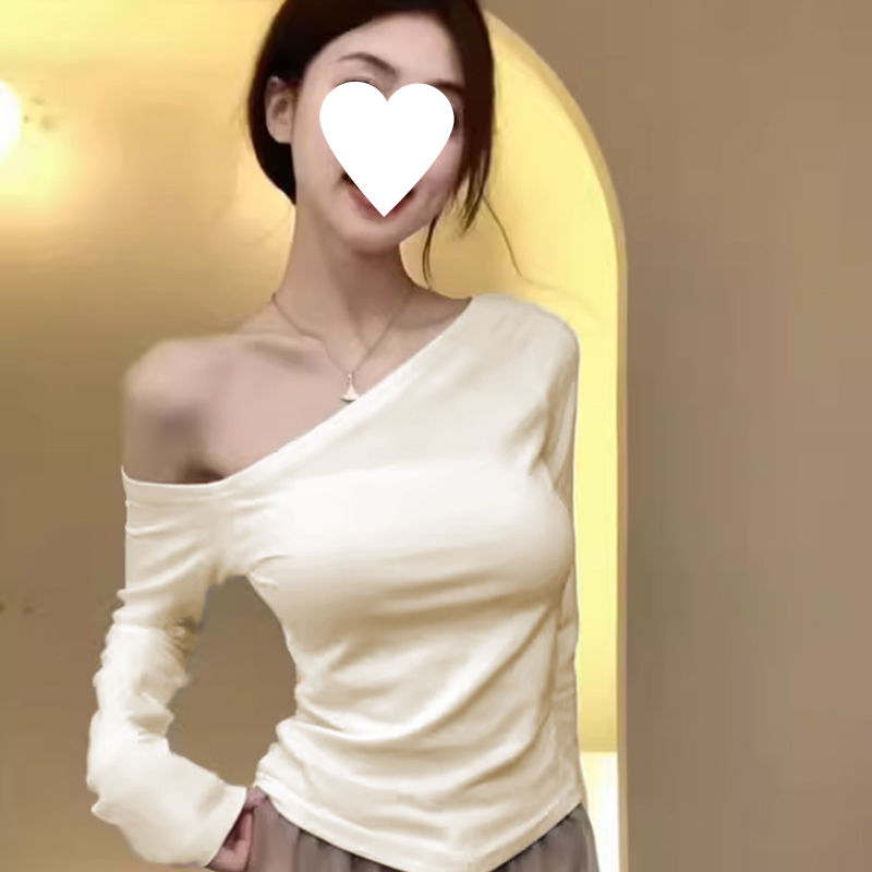 hot girl shoulder long-sleeved t-shirt for women spring and autumn 2024 new slim-fit asymmetric inner bottoming shirt pure style top