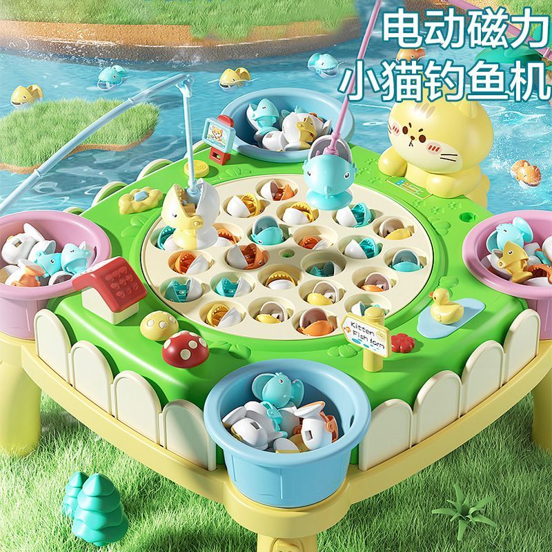 children‘s kitten fishing table electric magnetic fishing toys electric magnetic suction rotating music early education puzzle gift